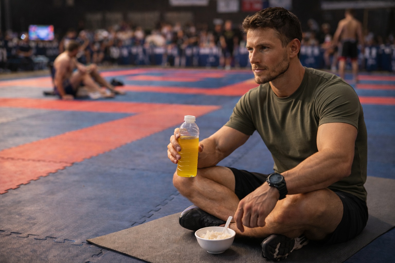 Athlete refuelling with rice and an electrolyte drink after weigh-in