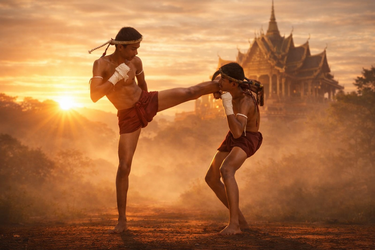 Two Muay Thai fighters sparring at sunrise